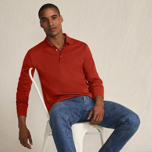 Long Sleeve Supima Polo Shirt, Traditional Fit, Men, size: XL, regular, Brown, Cotton, by Lands' End