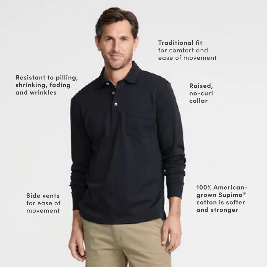 Men's Long Sleeve Cotton Supima Polo Shirt With Pocket view 3