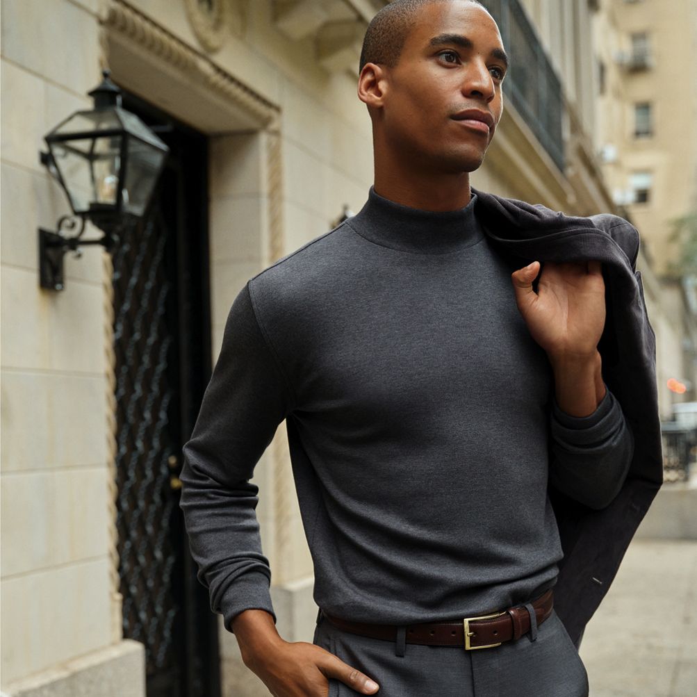 Men's Dark brown cotton and silk mock turtleneck pullover