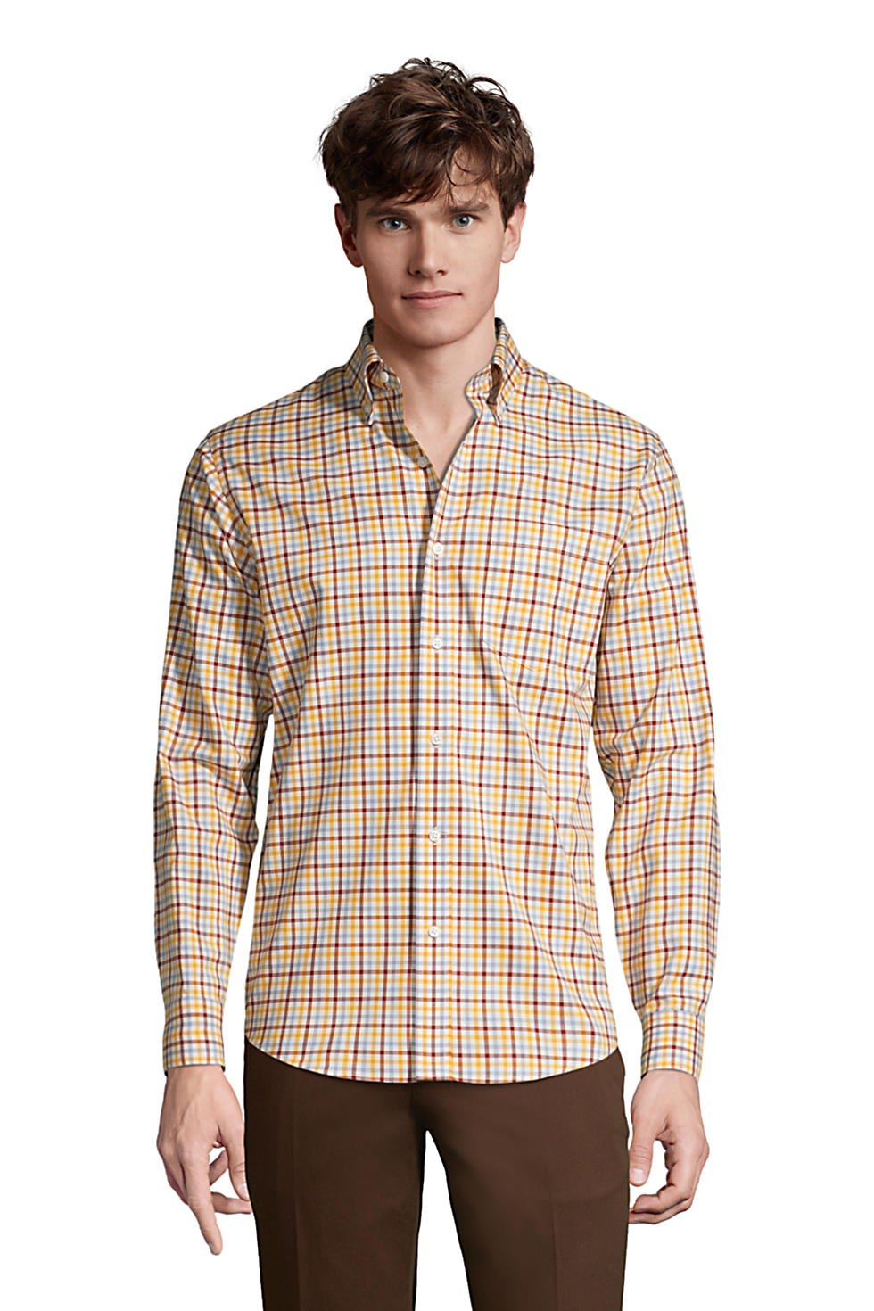 Lands End Men's Traditional Fit No Iron Twill Shirt (Ivory Multi Check)