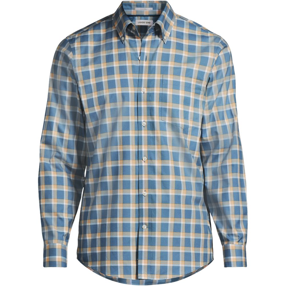 Lands' End Men's Traditional Fit No Iron Twill Shirt - Light Indigo Blue/Yellow Plaid
