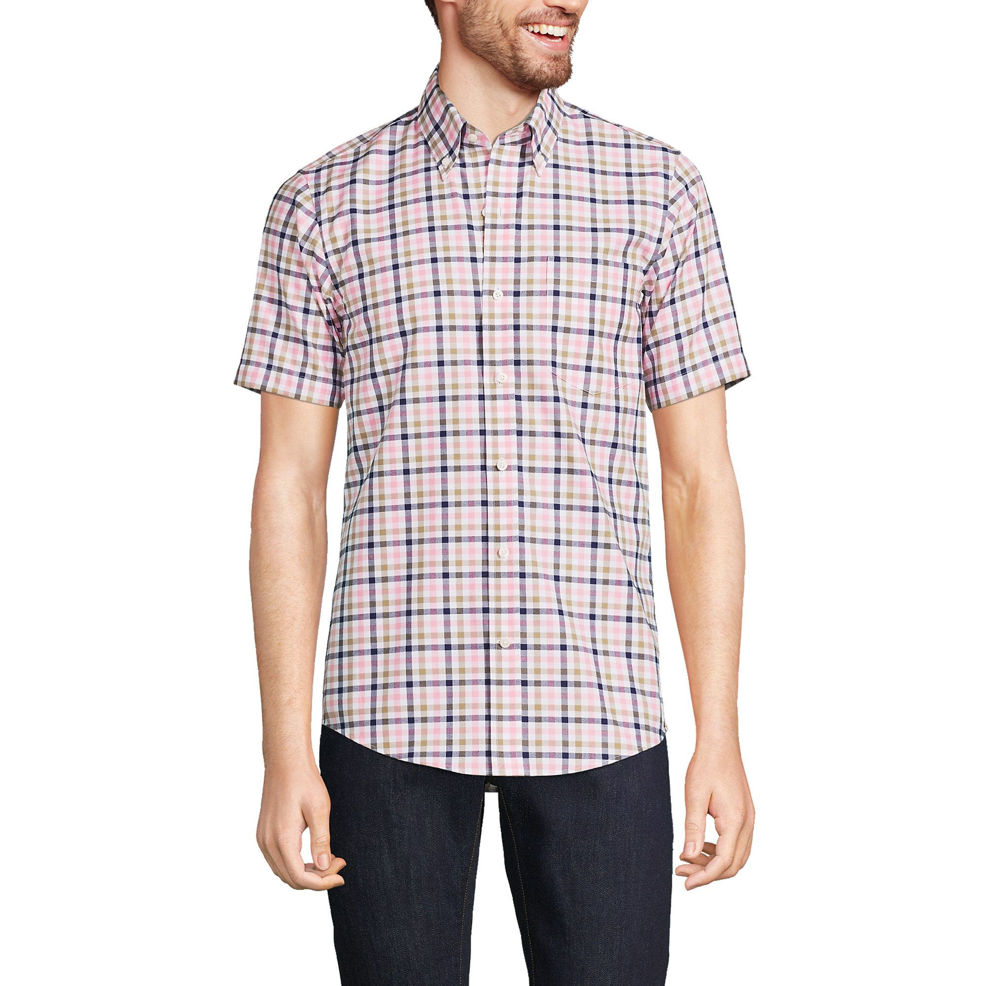 Lands End Men's Short Sleeve Traditional Fit No Iron Sportshirt (Pink Multi Check in various sizes)