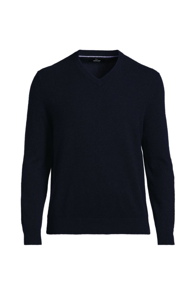 Men's Big Fine Gauge Cashmere V-neck Sweater - Lands' End - Blue - 3XL