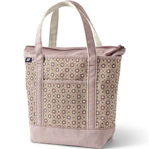 Lands' End Extra Large Print 5 Pocket Zip Top Long Handle Canvas Tote Bag -  - Deep Sea Navy Classic Floral