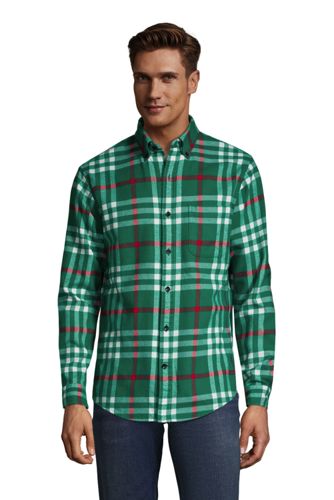 【ランズエンド LANDS' END】メンズ・フラッグシップ・フランネル・シャツ／柄／長袖/XS/グリーン