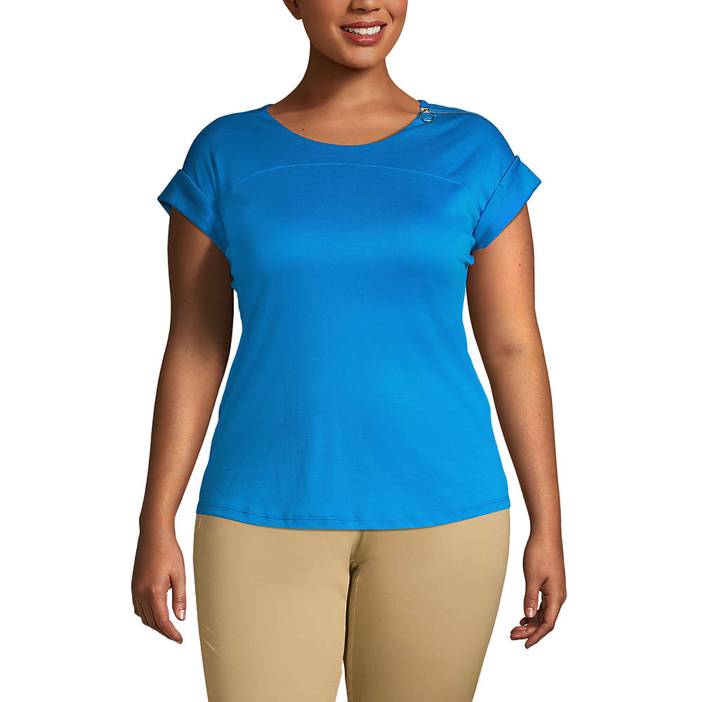 Women's Plus Size Supima Micro Modal Roll Sleeve Zip Shoulder Top, Front