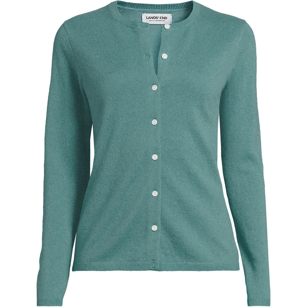 Crew Neck Cashmere Cardigan, Women, size: XS, regular, Green, Cashmere, by Lands' End