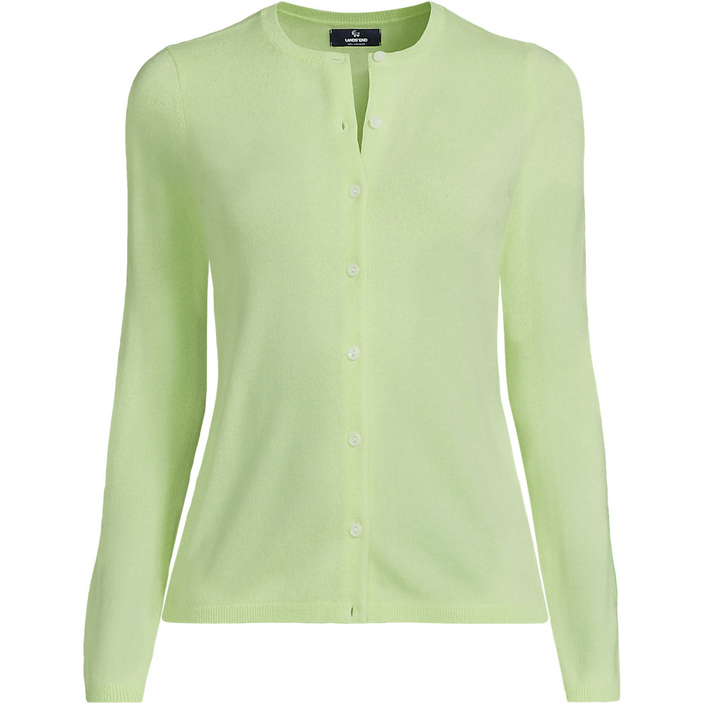 Crew Neck Cashmere Cardigan, Women, size: M, petite, Green, Cashmere, by Lands' End