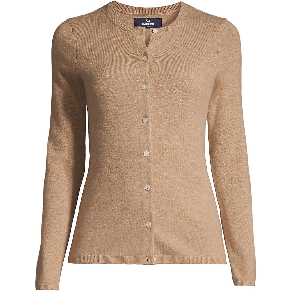 Crew Neck Cashmere Cardigan, Women, size: L, petite, Brown, Cashmere, by Lands' End