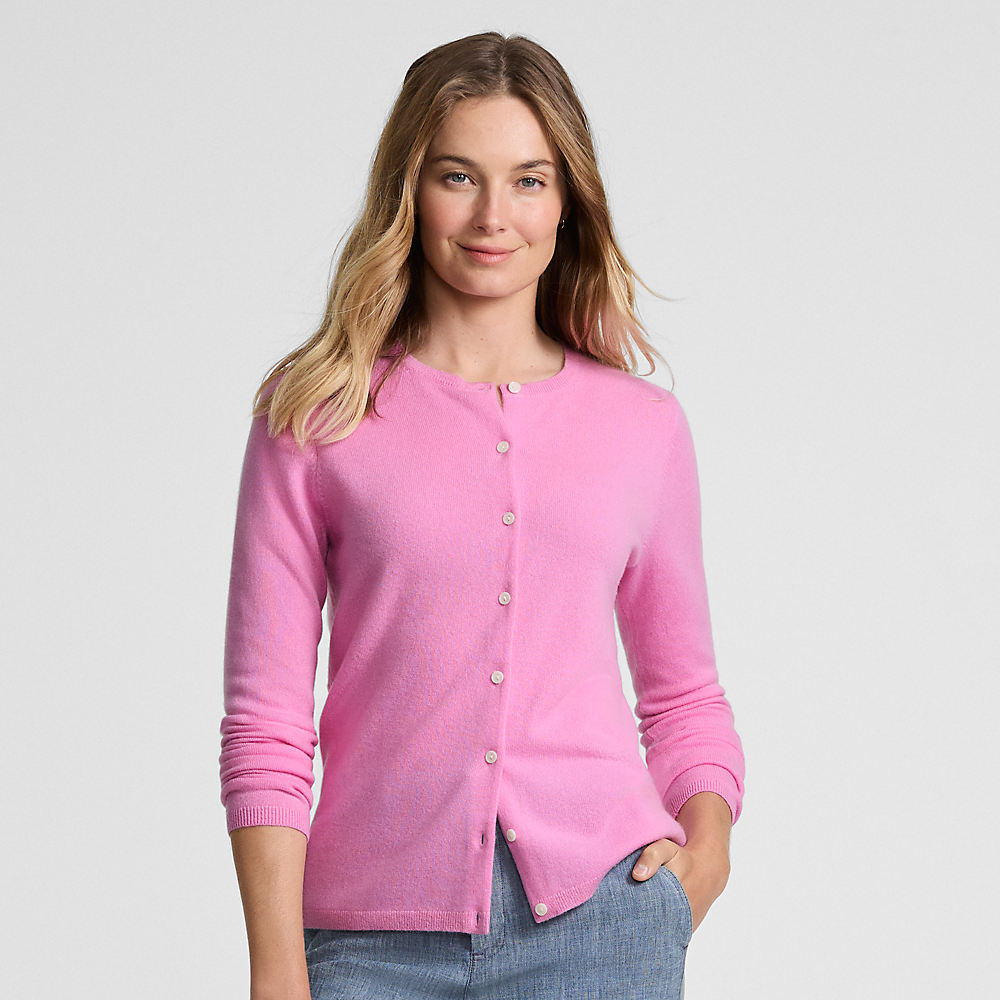 Crew Neck Cashmere Cardigan, Women, size: S, regular, Pink, Cashmere, by Lands' End