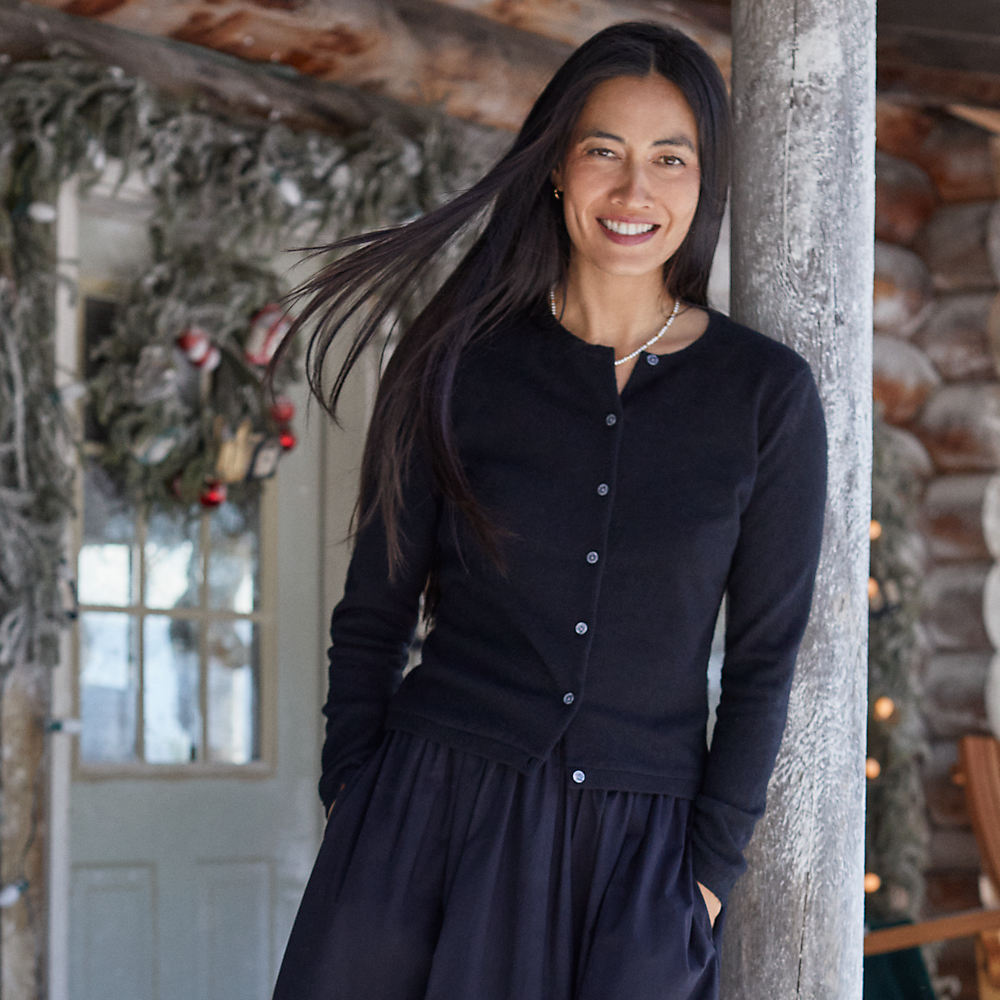 Crew Neck Cashmere Cardigan, Women, size: L, petite, Black, Cashmere, by Lands' End