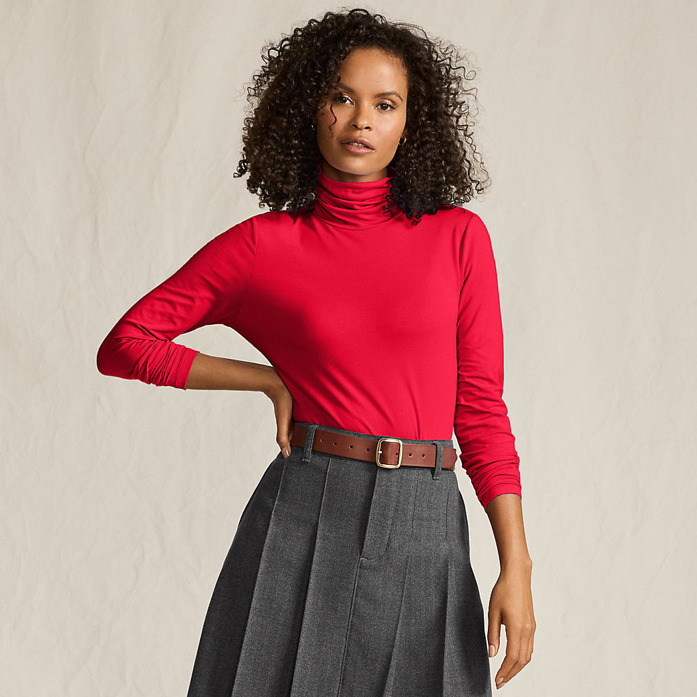 Cotton-modal Roll Neck Top, Women, size: M, regular, Red, Cotton/Spandex/Cotton Modal, by Lands' End