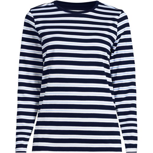 Supima Long Sleeve Crew Neck T-shirt, Women, size: XS, petite, Blue, Cotton, by Lands' End