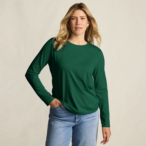 Supima Long Sleeve Crew Neck T-shirt, Women, size: XS, petite, Green, Cotton, by Lands' End