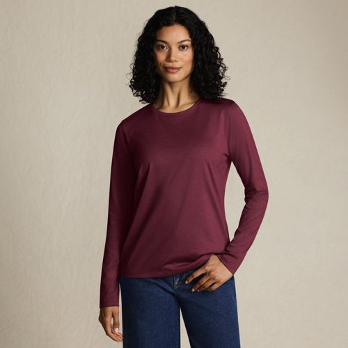 Supima Long Sleeve Crew Neck T-shirt, Women, size: XS, petite, Red, Cotton, by Lands' End