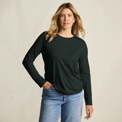 Lands' End Women's Petite Supima Long Sleeve Crew Neck T-shirt in Bottle Green | Size: Small