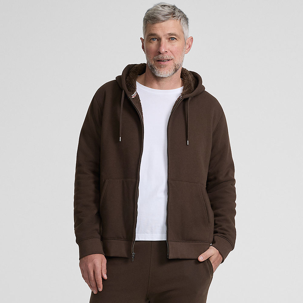 Serious Sweats Hooded Zip Jacket, Sherpa Lining, Men, size: S, regular, Brown, Spandex/Cotton-blend, by Lands' End
