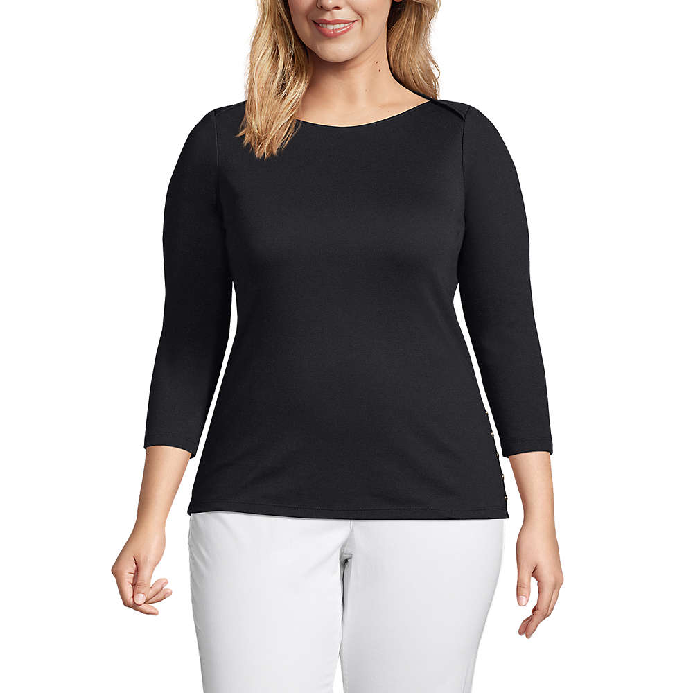 Women's Plus Size Cotton Polyester Three Quarter Sleeve Button Hem Top, Front