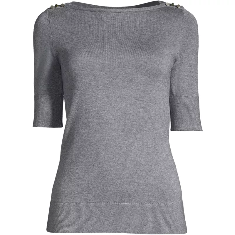 Women Cotton Modal Button Shoulder Boatneck Sweater, Front