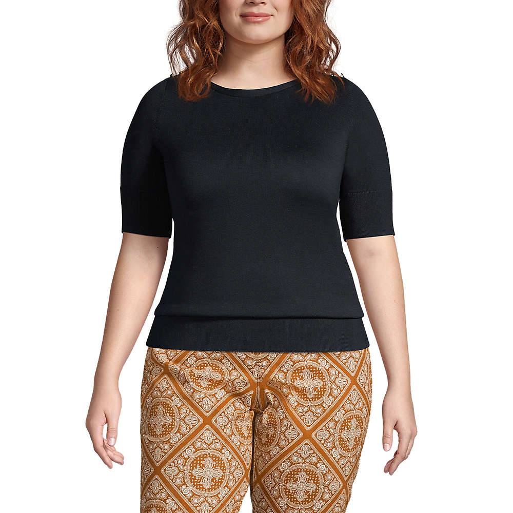 Women Plus Size Cotton Modal Button Shoulder Boatneck Sweater, Front