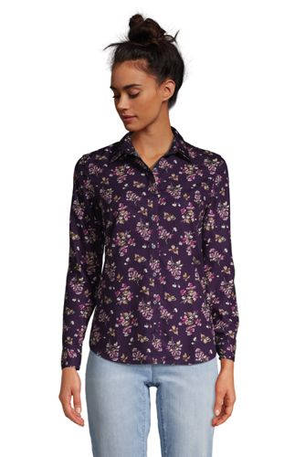 Print Non-iron Supima Shirt, Women, Size: 14 Regular, Purple, Cotton, by Lands’ End