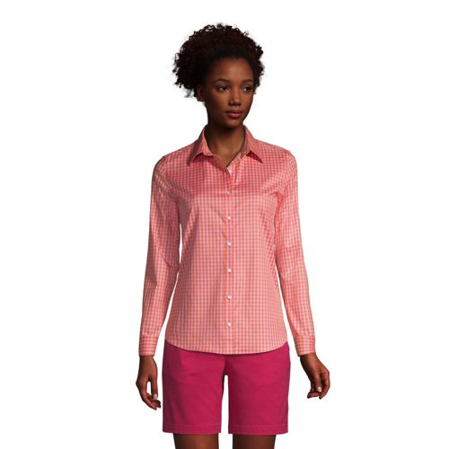 Print Non-iron Supima Shirt, Women, Size: 14 Petite, Pink, Cotton, by Lands’ End