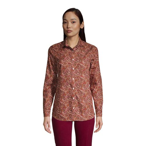 Print Non-iron Supima Shirt, Women, Size: 10 Regular, Pink, Cotton, by Lands’ End