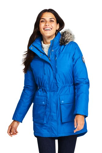 parka with blue fur hood