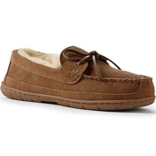 Men's Suede Moccasin Slippers with Shearling Lining | Lands' End