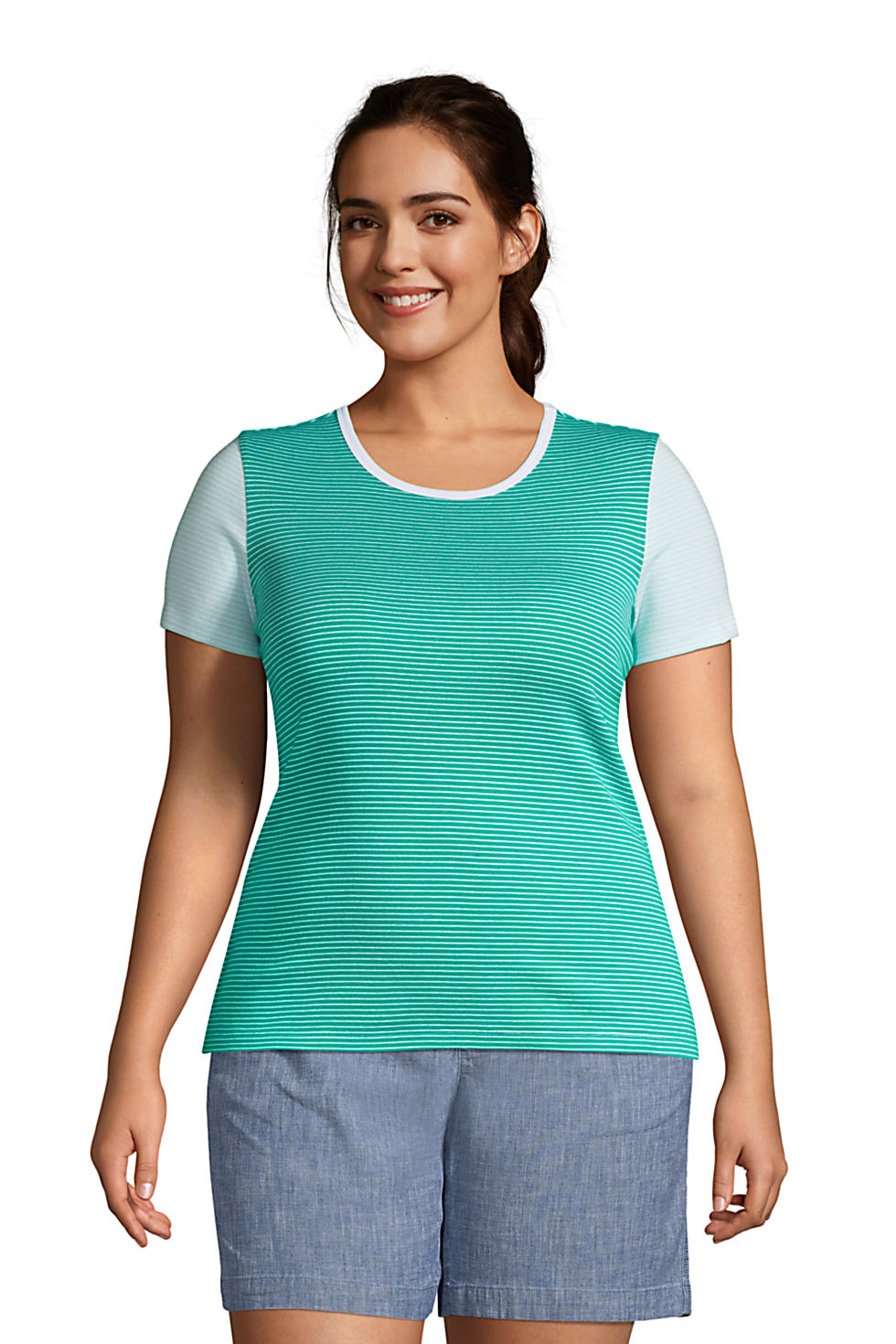 Lands End Women's Plus Size All Cotton Short Sleeve Crewneck T-Shirt Stripe (Global Green Stripe)