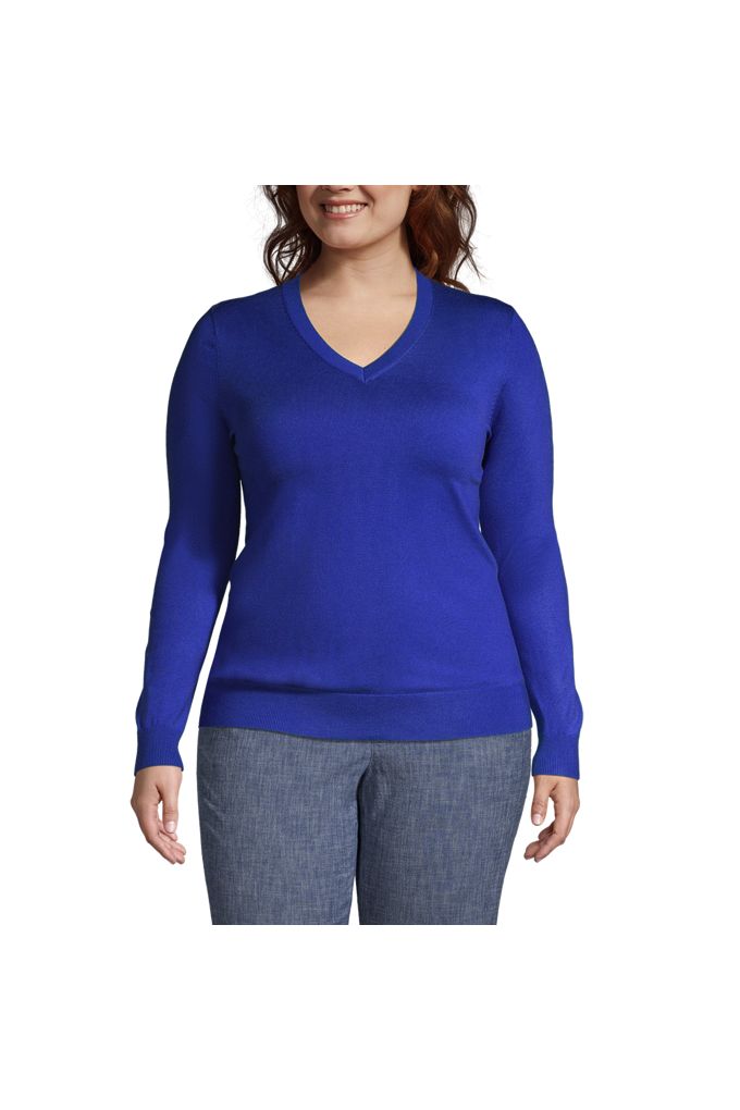 Women's Plus Performance V-neck Sweater - Lands' End - Blue - 5X
