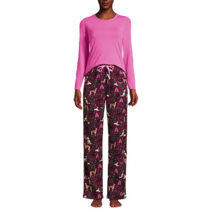 Women's Pajama Set Knit Long Sleeve T-Shirt and Flannel Pants - primary