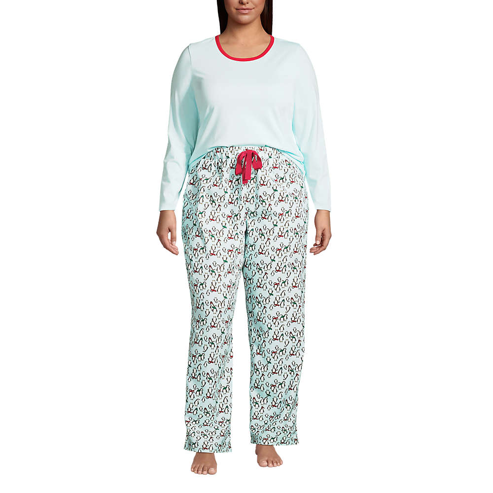Women's Plus Size Pajama Set Knit Long Sleeve T-Shirt and Flannel Pants, Front