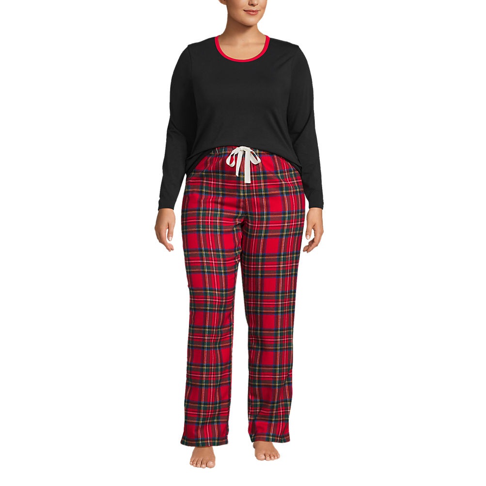 Women's Plus Size Pajama Set Knit Long Sleeve T-Shirt and Flannel Pants