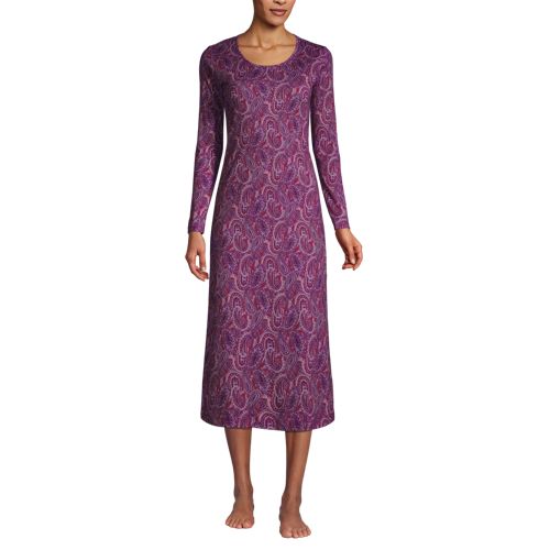 Women's Long Sleeve Supima Nightdress, Mid-calf Length 