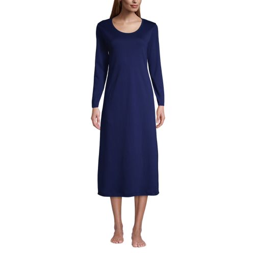 Long Sleeve Supima Nightdress, Mid-calf Length, Women, Size: 8 Petite, Blue, Cotton, by Lands’ End
