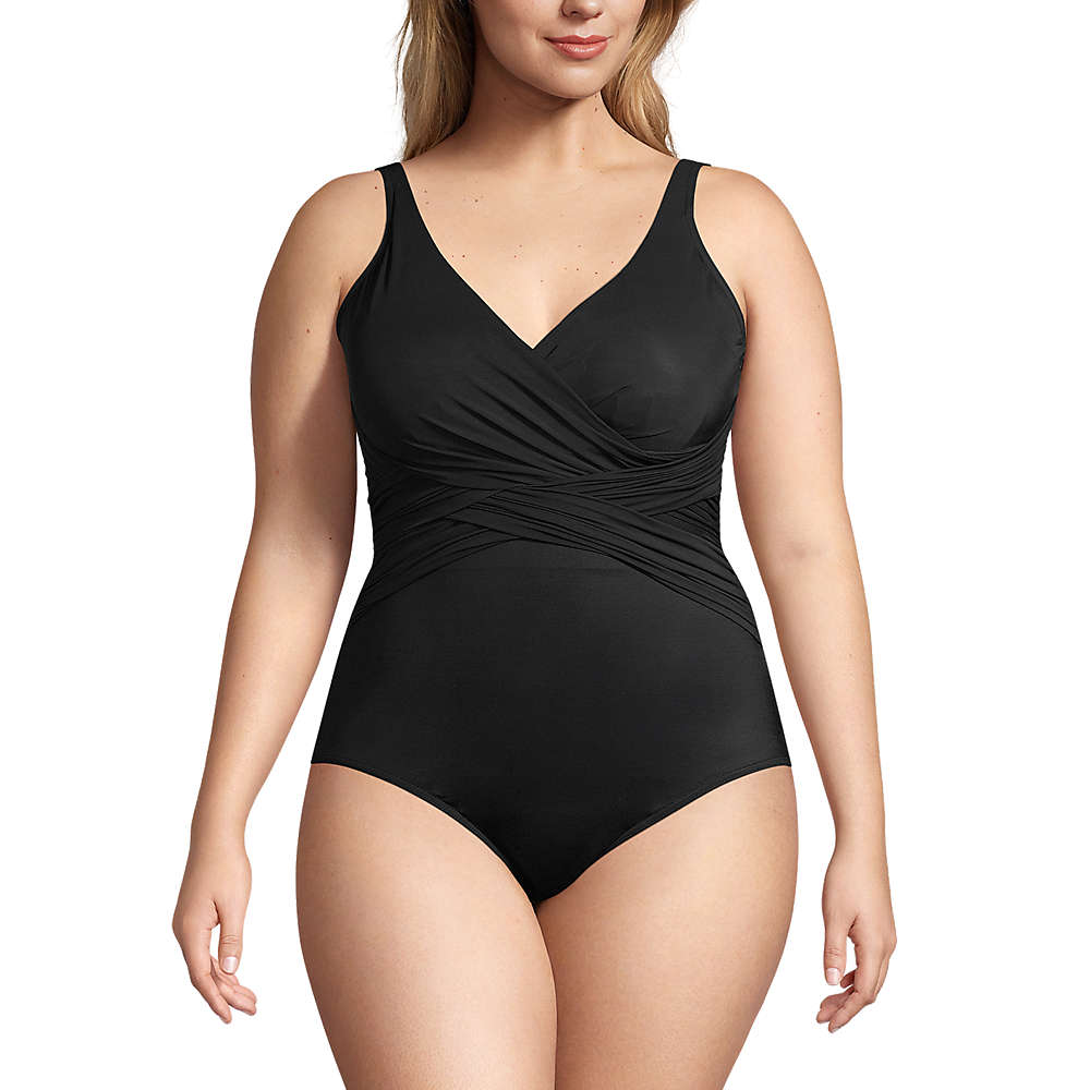Women's Plus Size Slender Tummy Control Chlorine Resistant V-neck Wrap One Piece Swimsuit, Front