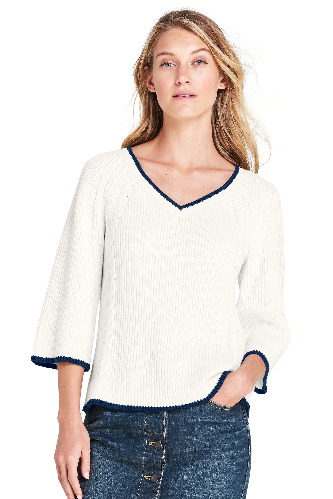 Women's Combed Cotton 3/4 Sleeve V-Neck Sweater