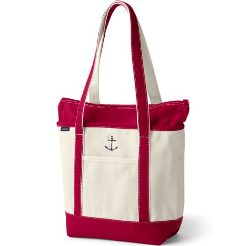 Lands End Sport Tall Medium Open Top Canvas Tote Bag Blue Red Tan