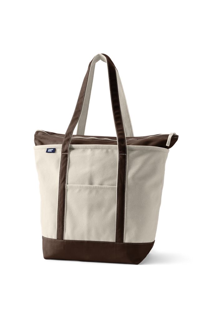 Large Natural 5 Pocket Zip Top Long Handle Canvas Tote Bag - Lands' End - Brown