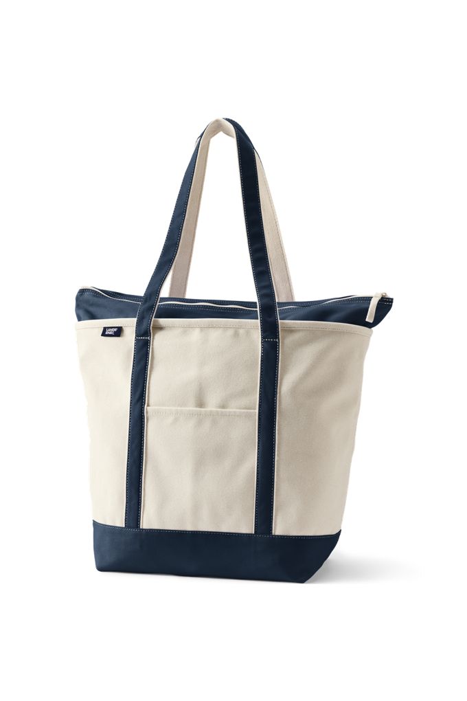 Large Natural 5 Pocket Zip Top Long Handle Canvas Tote Bag - Lands' End - Ivory