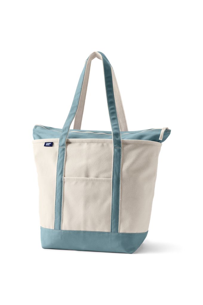 Lands' End Large 5 Pocket Zip Top Long Handle Canvas Tote Bag In Ivory