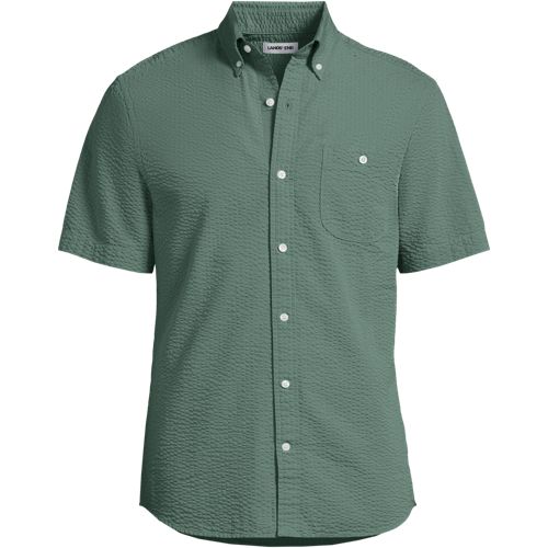 Short Sleeve Seersucker Cotton Shirt, Men, size: M, regular, Green, Cotton, by Lands' End