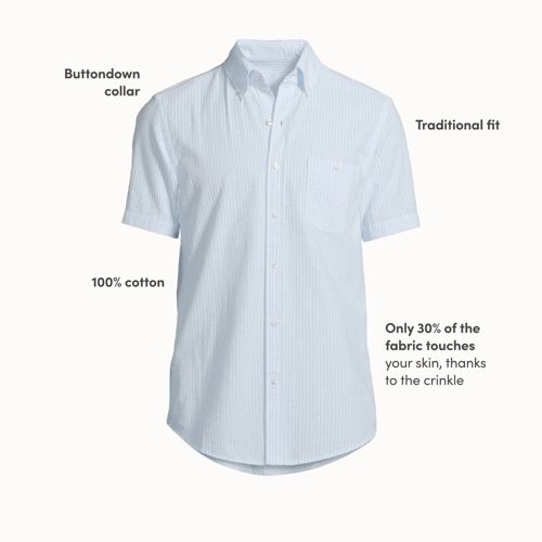 Short Sleeve Seersucker Cotton Shirt, Men, size: M, regular, Blue, Cotton, by Lands' End