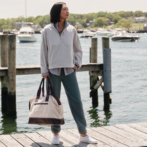 Lands End Canvas Tote Bag Red And Natural ~16x13x6” Interior & Exterior  Pockets