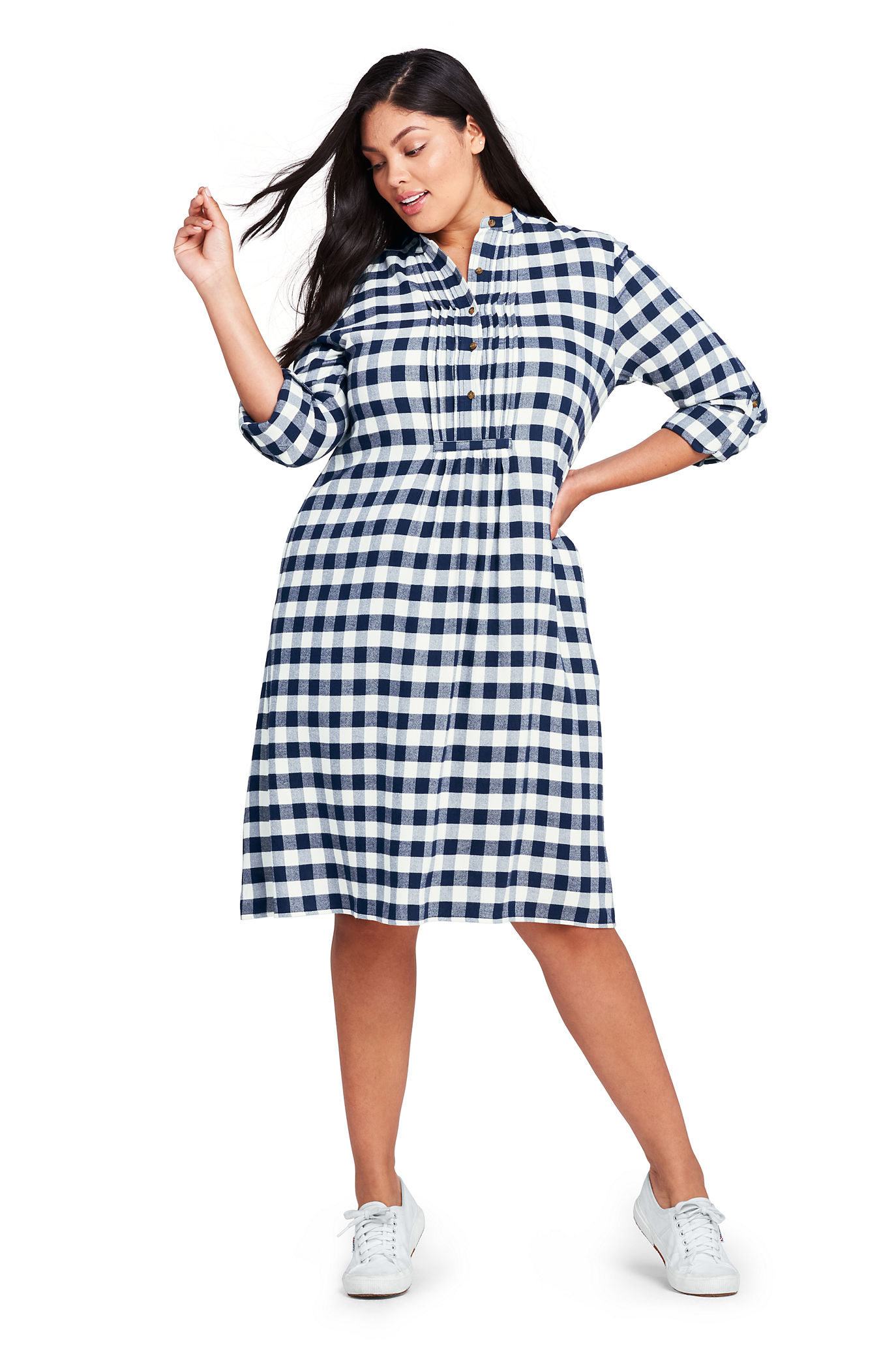 Women's Plus Size Long Sleeve Print Tuxedo Bib Shirt Dress