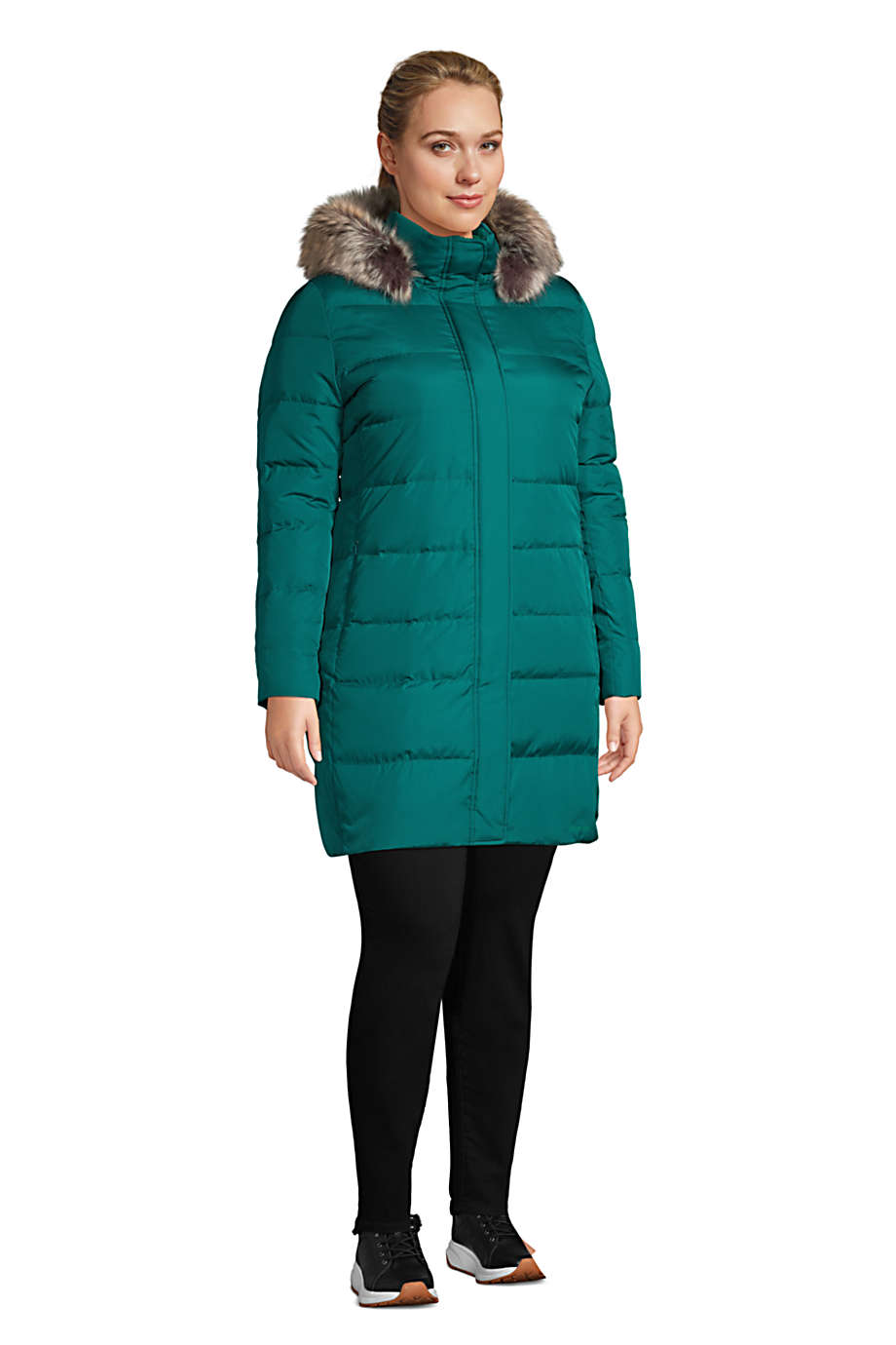 Lands' End Women's Plus Size Winter Long Down Coat with Faux Fur Hood