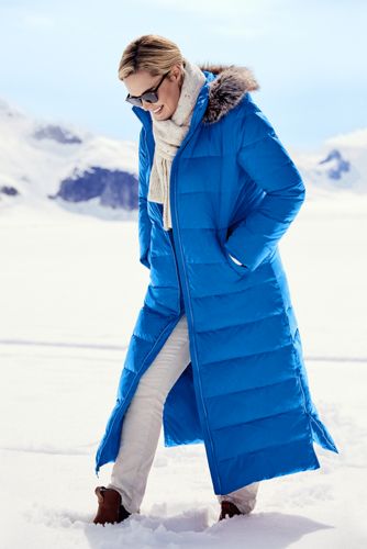 lands end women's winter long down coat with faux fur hood