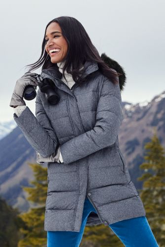 lands end women's winter long down coat with faux fur hood