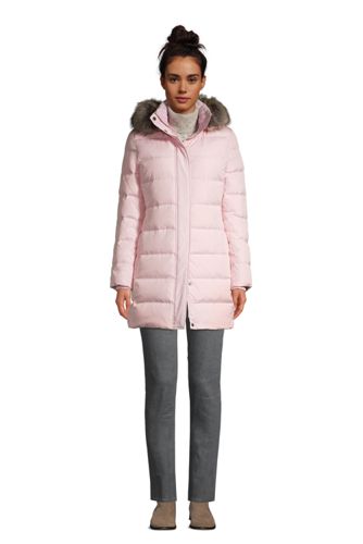 women's winter long down coat with faux fur hood